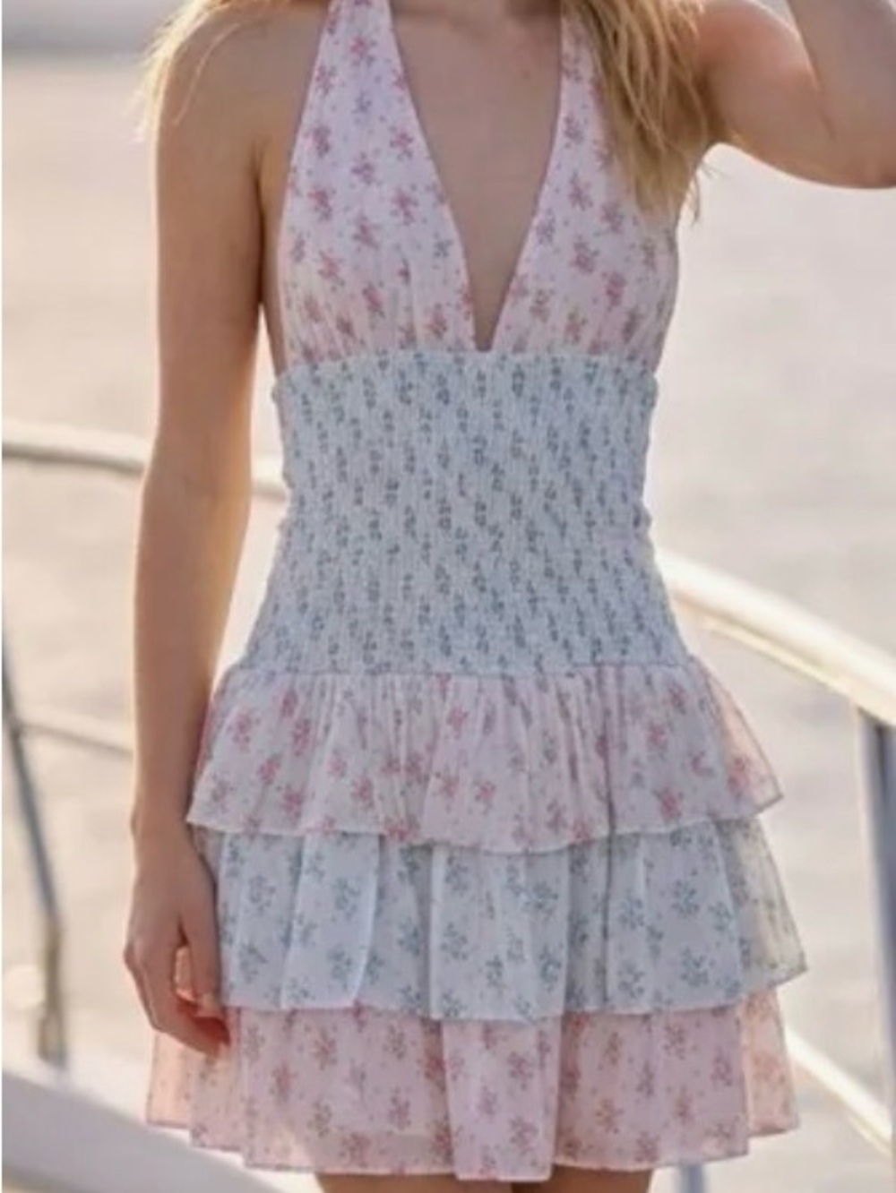 Altar'd State Pink and Light Blue Floral Halter Dress Medium Retail $128